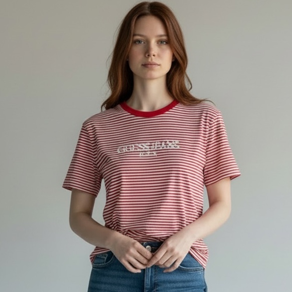 GUESS JEANS GEORGES MARCIANO VINTAGE 90’s COTTON RED WHITE STRIPE TEE SHIRT SM
